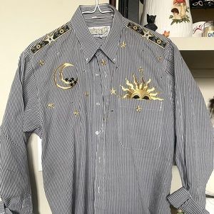 Vintage Black and White Striped Embroidered Astronomy Button Down